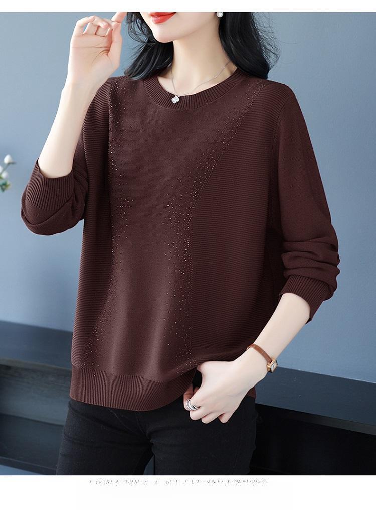 Product Introduction of Knatwear women's round neck rhinestone sweater new fashion mom loose Western style knits long sleeve thin top crop 26