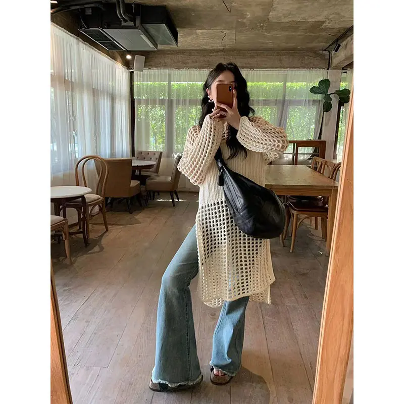 French Hollow Knit Dress Mid-Length Layered Blouse Knitwear CloThing Tops Summer