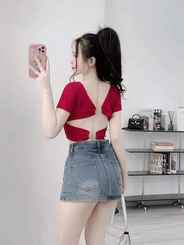Áo kiểu tay  ngắn hở lưng phối 2 khoen thun bozip mềm có mút croptop 0060 top women 5
