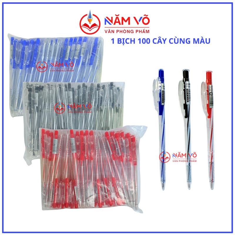 [207] BỊCH 100 Cây Bút Bi - Viết Bi Đầu Bấm Mực khô Aihao 027 / 207 / TL027 Ngòi 0.7mm, Viết Êm, Mực Đều (Mực Xanh, Đỏ, Đen)