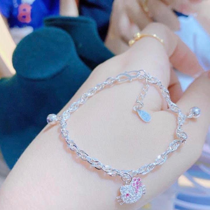    Kèm Hộp Xinh + Nước rửa bạc 50ml   Lắc tay xoắn mặt mèo cho bé bạc ta LoPa dạng họng xoắn kép dầy dặn ,bóng đẹp cho bé  sk172 