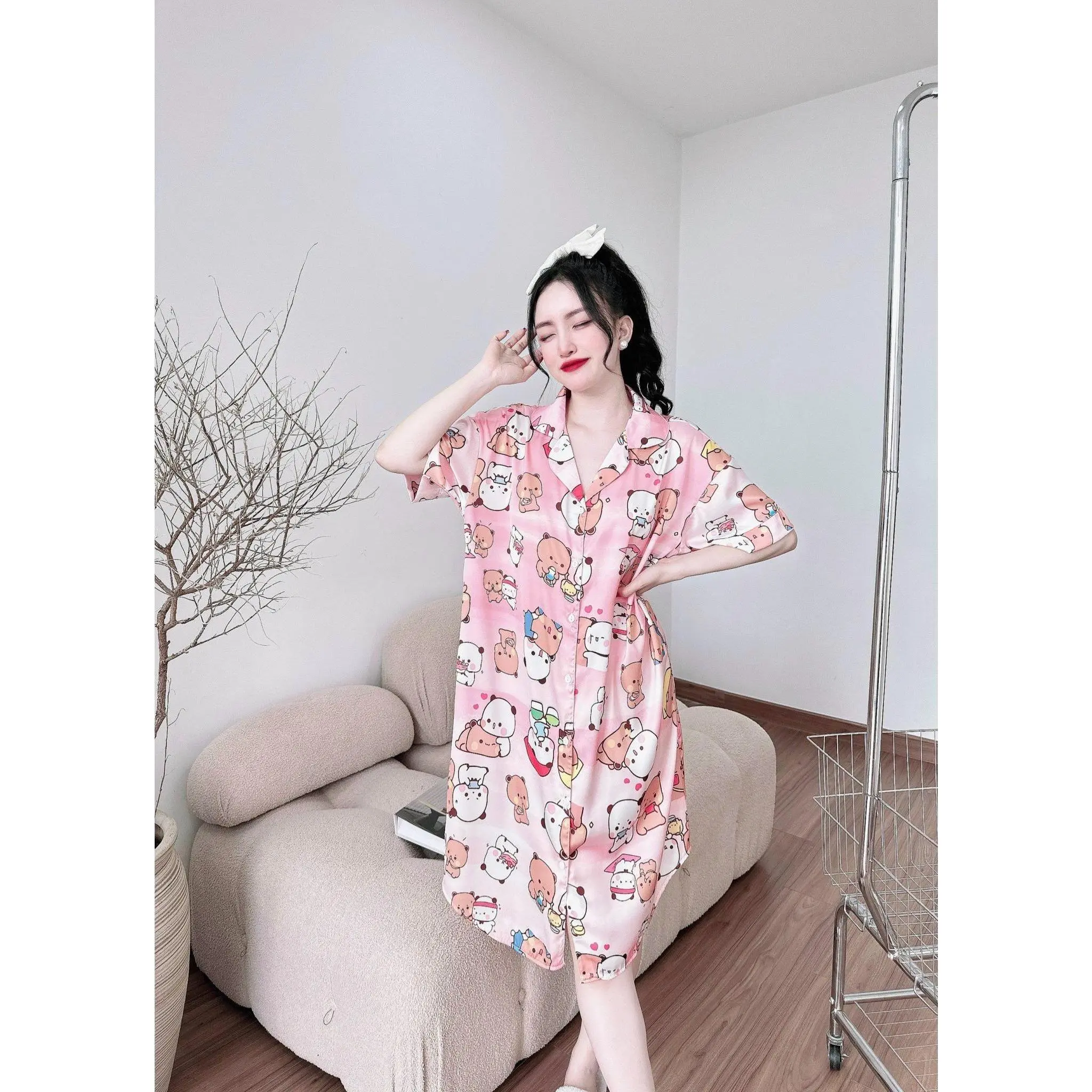 (chubby) Đầm váy ngủ sơ mi lụa  dễ thương dáng rộng bigsize 50-95kg, váy ngủ lụa cute đầm bầu mặc nhà xinh giá rẻ Nữ Nhung