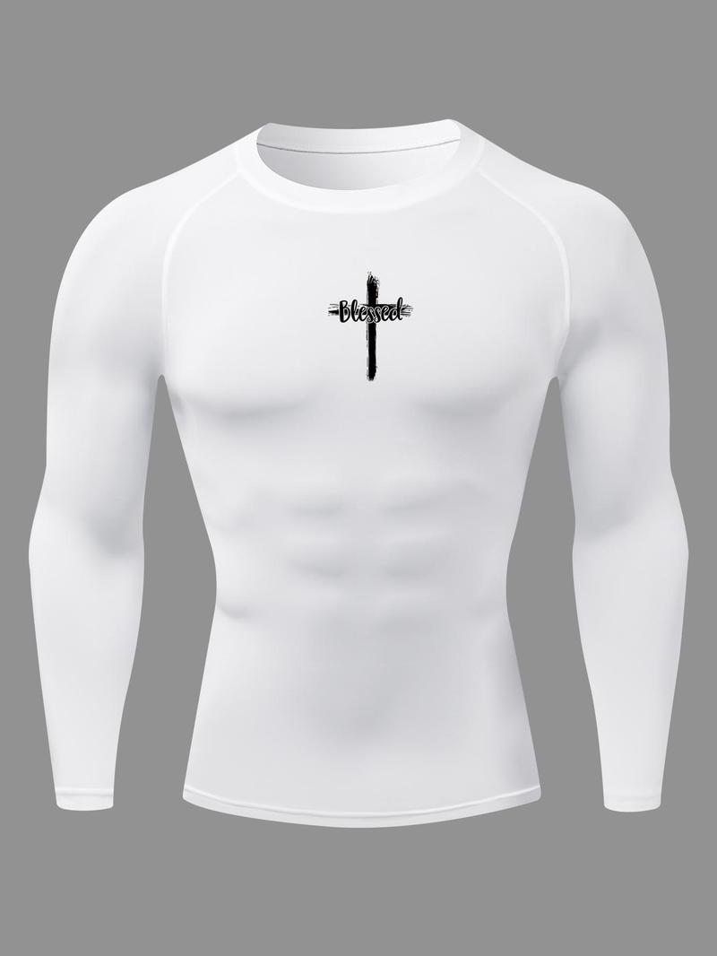 Product Introduction of Men's Cross Print Round Neck Long Sleeve Tee, Breathable Quick Drying T-shirt for Gym Workout Running, Men's Top for Spring & Fall 5