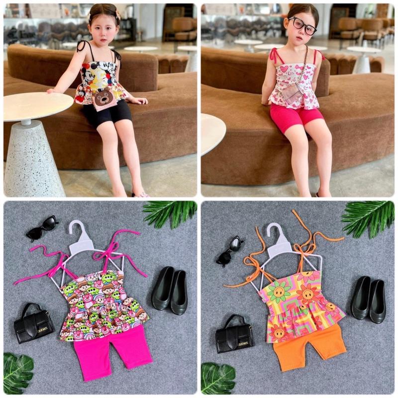Set Áo Dây Hoạ Tiết Quần Ngố Cho Bé Gái