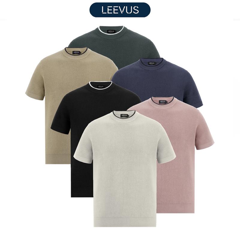 [TẶNG HỘP CHO ĐƠN TỪ 499K] Áo thun nam LEN DỆT KIM Vein Collar T-shirt cao cấp, kiểu dáng classic Hàn Quốc sang trọng LEEVUS AT31 Menswear Cổ Tròn