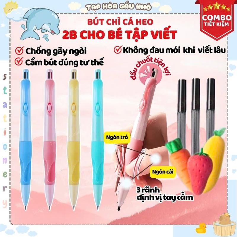 Bút chì cá heo tập viết cho bé lớp 1 Bút chì bấm 2B ngòi to 2.0mm giúp bé cầm bút đúng tư thế, viết không đai tay, không hỏi, ngòi không gãy đồ dùng học tập văn phòng phẩm Taphoagaunho