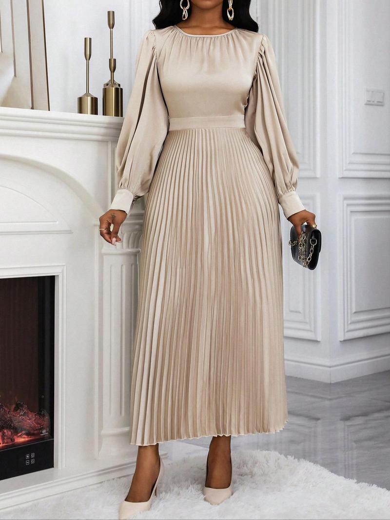 Product Introduction of Women's Plain Ruched Pleated A Line Dress, Elegant Bishop Sleeve Round Neck Long Dress for Party Holiday Wedding Guest, Ladies Spring & Fall Clothes 5