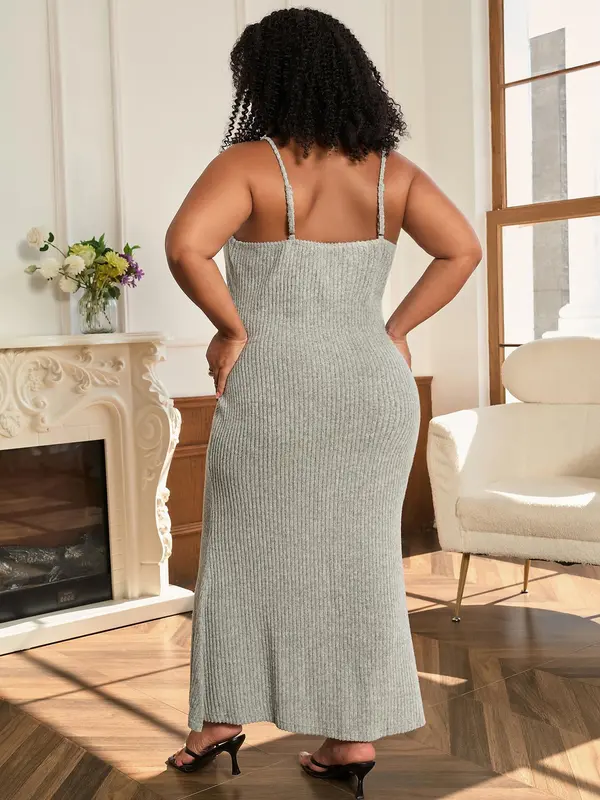CURVZY Plus Size Solid Color Ribbed Mermaid Dress, Casual Sleeveless Maxi Dress for Summer, Women's Clothing for Daily Wear 1