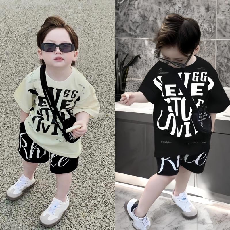 (10-48kg)Bộ đồ Quần và Áo bé trai Boy Phố Phong Cách mùa hè in chữ Dễ Thương Chất vải cottong dệt kim co giãn mềm mại thấm hút phom dáng đẹp cho bé từ 10-45kg