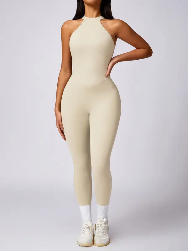 Women's Solid Ruched Cut Out Backless Halter Sports Jumpsuit, Jumpsuit for Women, High Stretch Seamless Quick Drying Breathable Comfortable Sports Jumpsuit for Yoga Gym Workout, Ladies Sportswear for All Seasons, Tummy Control,  Gym Wear 7