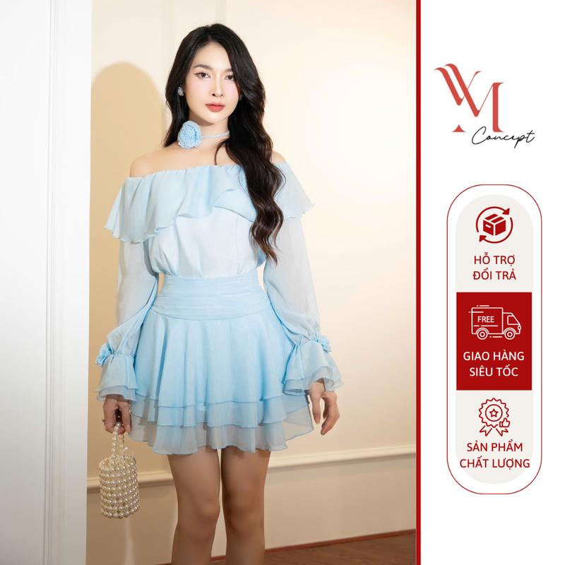 Váy Thiết Kế Áo Trễ Vai Nữ Tay Đính Hoa Và Chân Váy Xòe 3 Tầng - Màu Xanh Đen Be - Chất Tơ Óng Thái Cao Cấp YM Concept D0939 - Dress, Women Top Tre Kem