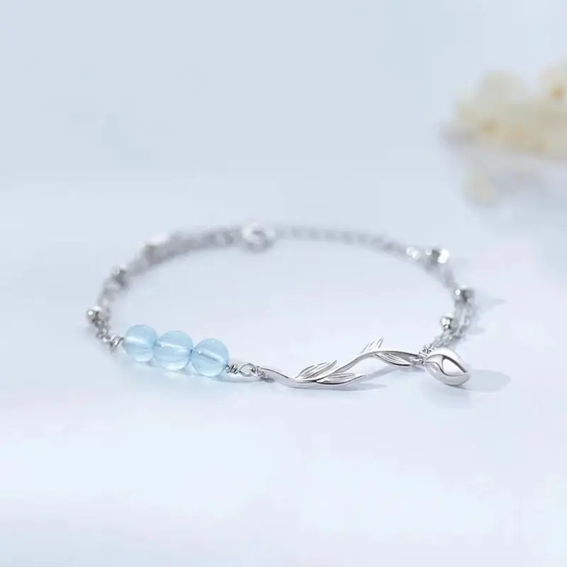 Vòng Tay Cặp Đôi, Thiết Kế Hoa Tulip, Dành Cho Nam Và Nữ, Một Cặp, Bạc S925, Thời Trang, Đính Cườm Màu Xanh, Thiết Kế Độc Đáo Quà Tặng Ngày Lễ Tình Nhân 4