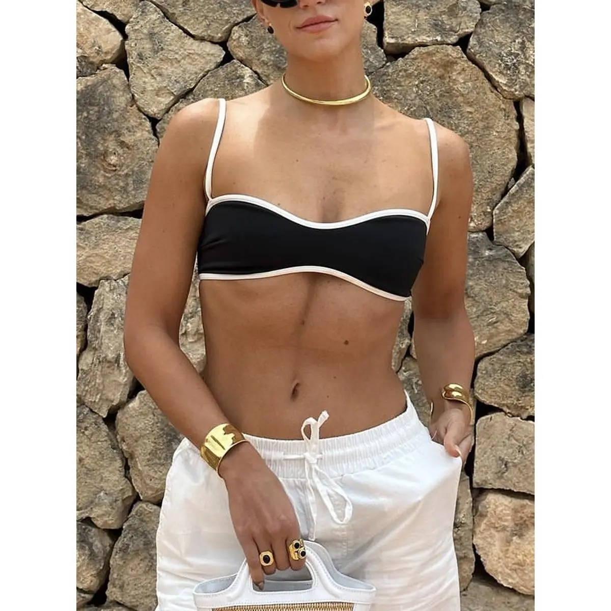 Women Camisole, Spaghetti Straps Low-cut Contrast Color Slim Fit Summer Tops for Party Club