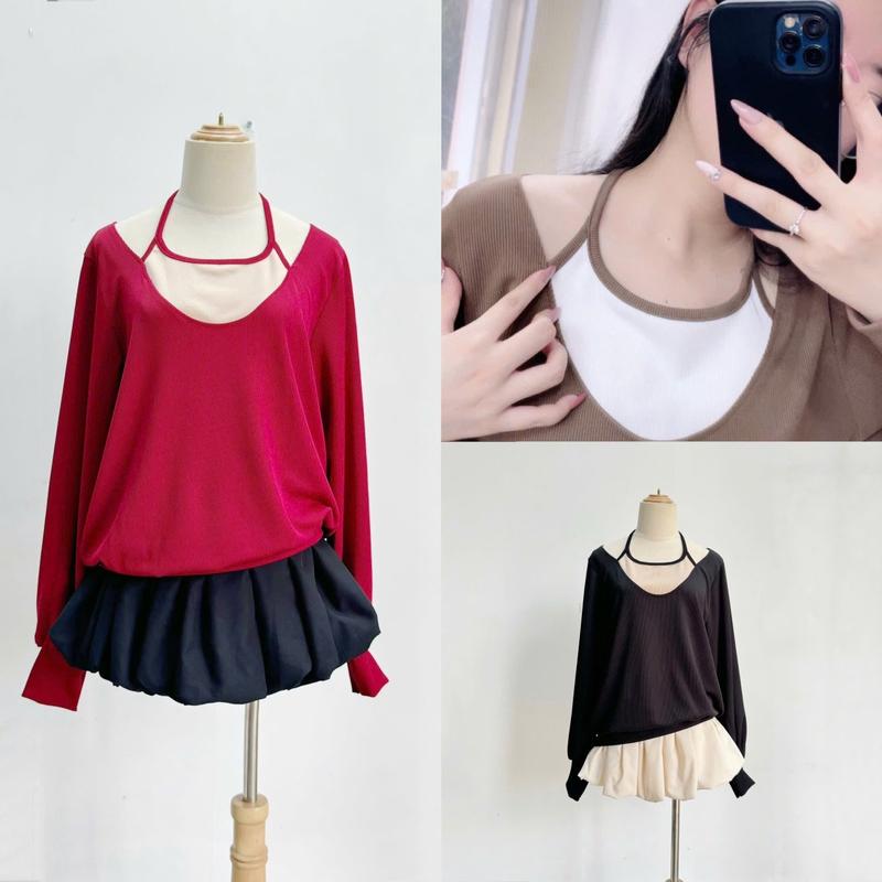 Set bộ Bigsize nữ áo thun kiểu phom rộng tay dài chân váy bí ngô có quần bảo hộ dáng A ngắn Women Top