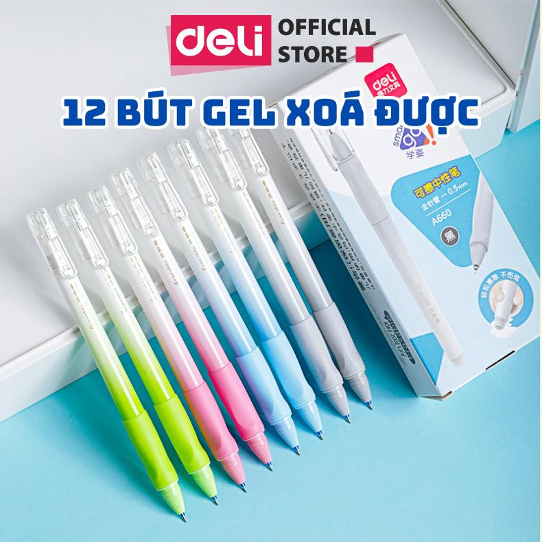 Hộp 12 bút gel xóa được Deli - Nắp đậy mực xanh, đen ngòi 0.5mm - bút mực xóa được Deli tiện lợi cho học sinh văn phòng luyện chữ đệm tay cao su A660