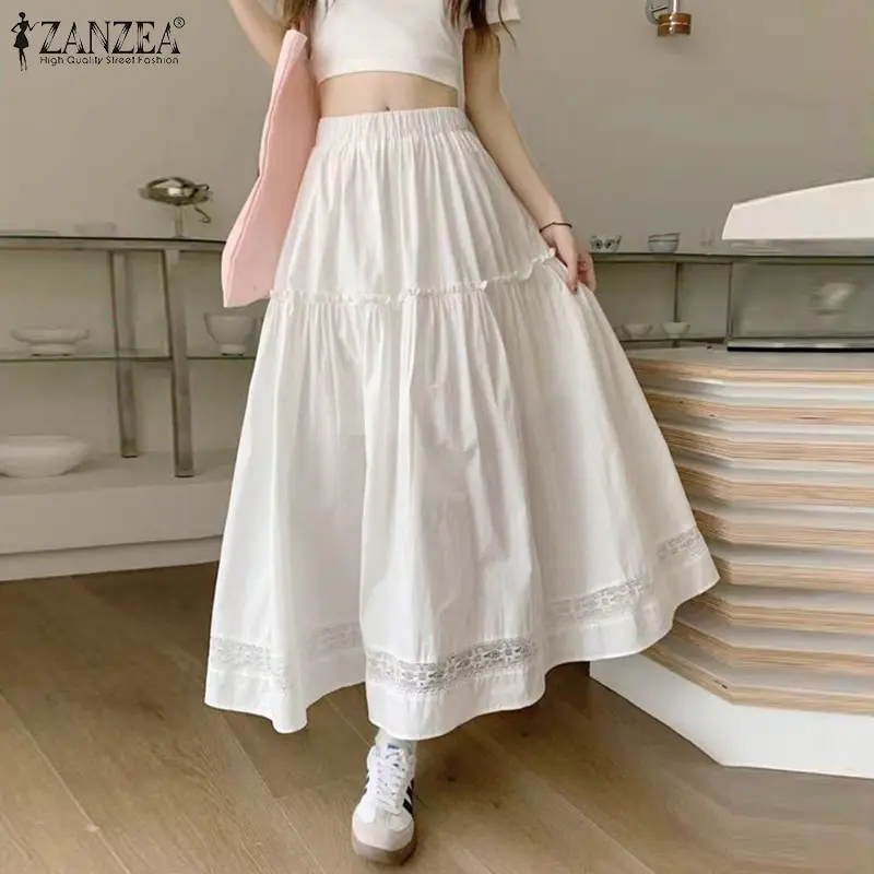 ZANZEA Korean Style Womens Summer Casual High Waist Layered Cake Skirts Girlish Lace Splicing Midi Overskirt *