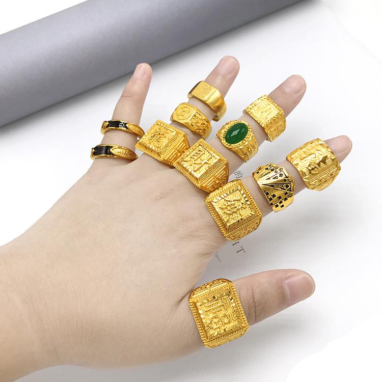 Product Introduction of Vietnam Placer Gold Ring Men's Fufa Fortune Dragon Word Live Mouth Ring Gold Plated Gilded Female Gem Mahjong Couple's Ring 7