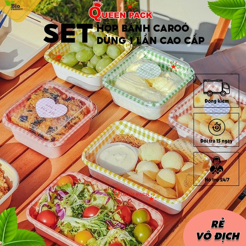 SET 25 Hộp Bánh Bento Sọc Caro Vuông/Chữ Nhật Họa Tiết 450ml, Hộp Đựng Bánh Kem Tiramisu, Mousse Bento