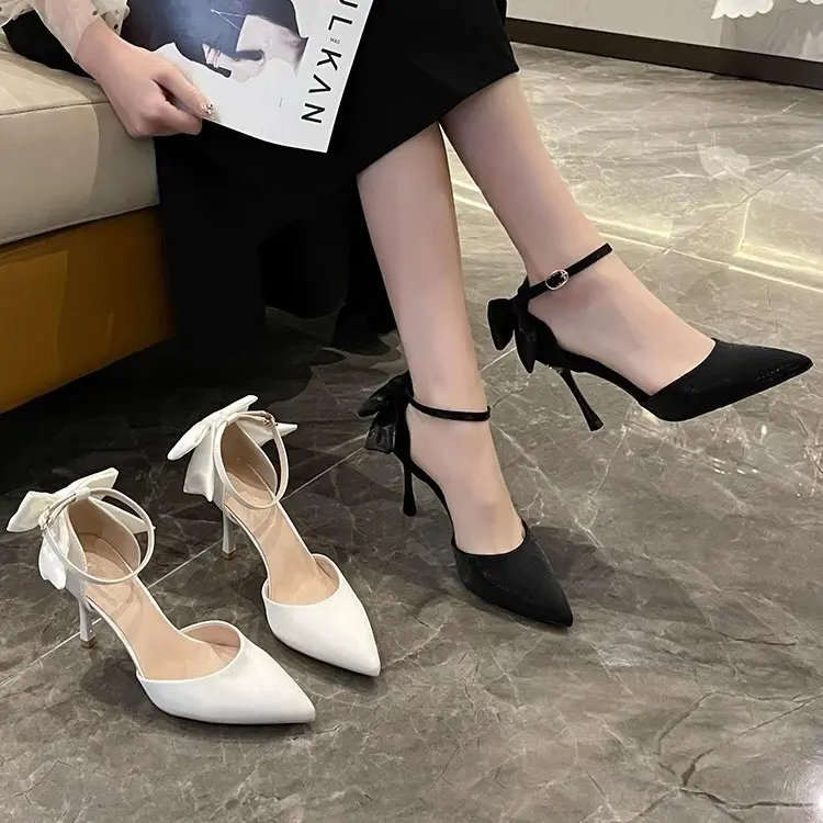 Giày Cao Gót Nữ 7P Gót Nhọn Gắn Nơ Lụa Siêu Đẹp A13NLS