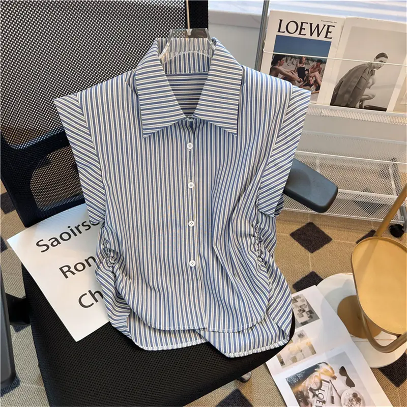 Áo Sơ Mi Không Tay Phong Cách Hàn Quốc, Dành Cho Nữ, Hàng Mới Về Mùa Hè, Cổ Polo, Áo Sơ Mi Kẻ Sọc, Áo Dáng Rộng Cổ Điển Áo Cánh Nữ 0