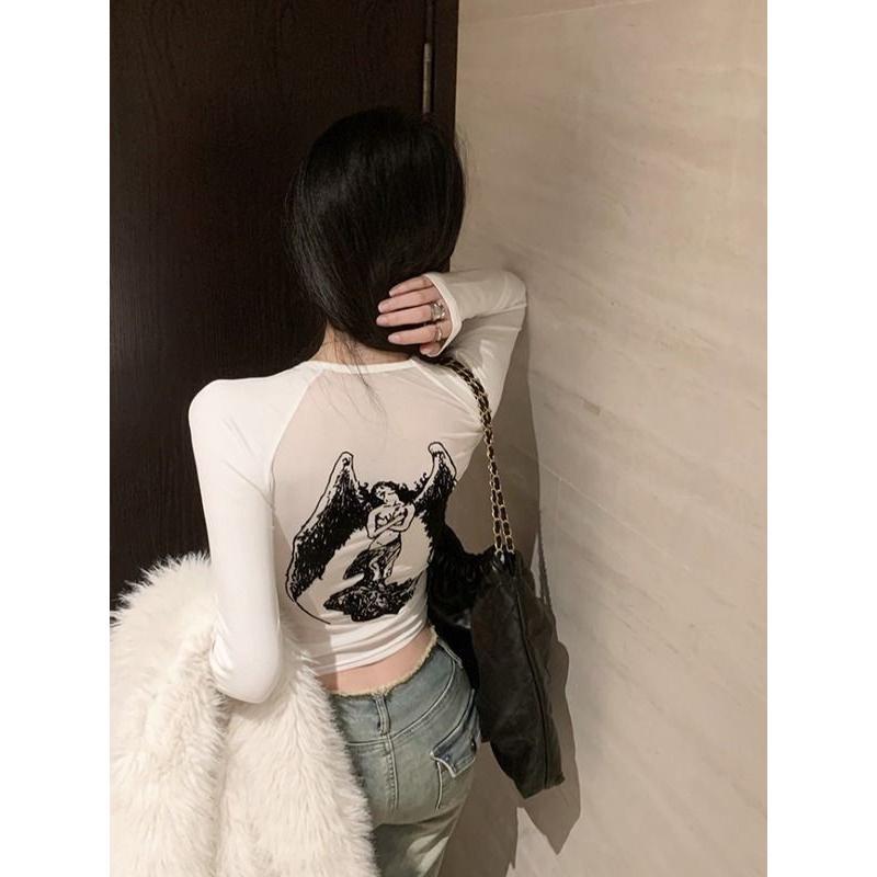 Áo Sơ Mi In Hình Thiên Thần Cổ Điển Phong Cách Mỹ, Lớp Nền Đổ Xô Dành Cho Nữ, Thiết Kế Đầu Xuân, Ôm Sát, Cao Cấp, Áo Dài Tay Cô Gái Nóng Bỏng, Thích Hợp Cho Mùa Xuân, Áo Thời Trang 3