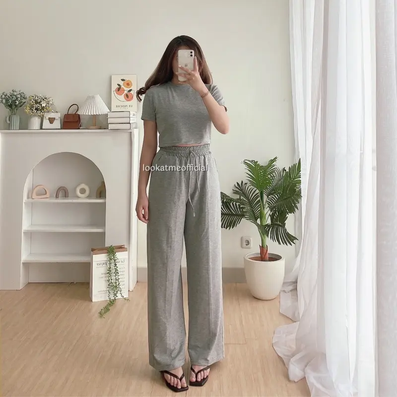 Lookatmeofficial • Ivy Set - Crop + Pants Setelan Wanita Premium atasan jogger Karet Celana Panjang Kulot Serut Top Baju Bawahan 2