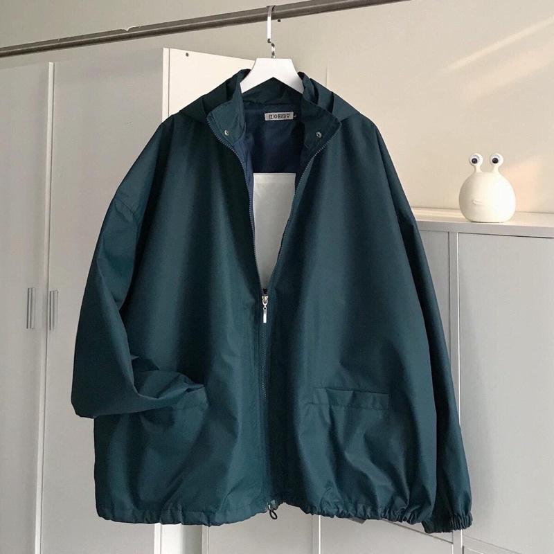 Áo khoác Dù form rộng unisex TAG LOGO BON (nón tháo rời) màu XANH/RÊU/XÁM  Nam nữ unisex Menswear Jacket Tay Dài