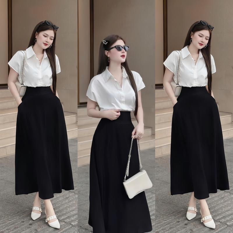 Set đồ nữ áo sơ mi đũi phối nút cài thật kèm chân váy xòe có túi xinh xắn, sang chảnh dành cho các nàng diện đi chơi, đi tiệc Women Top