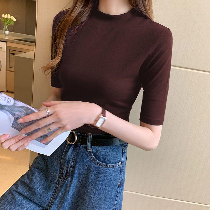 Áo Thun Tay Lỡ Màu Đen Dáng Ôm, Dành Cho Nữ, Màu Trơn Áo Thun Mỏng Cổ Lọ Và Tay Lửng Hàng Mới Về Mùa Xuân Và Mùa Hè 2024, Áo Lớp Nền Top Women 6