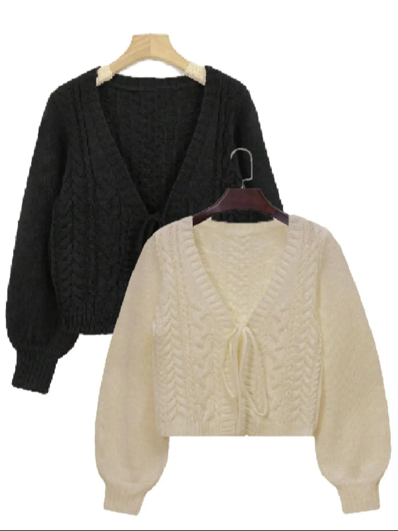 Women's Solid Color Lantern Sleeve  Cable Knit Cardigan, Casual V Neck Tie Front Long Sleeve Cardigan, Women's Knitwear for Spring & Fall
