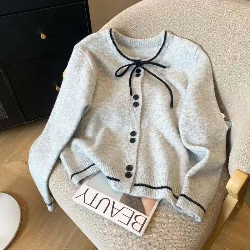 Áo Len Cardigan Nơ Dáng Rộng Kafuu, Phong Cách Pháp, Nhẹ Nhàng Và Thanh Lịch, Bó Sát, Áo Len Dệt Kim, Mùa Xuân 2024 croptop nữ 3