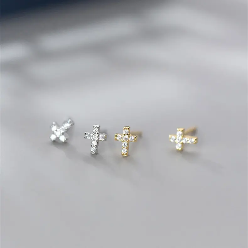 925 Sterling Silver Cross Stud Earrings Mini Diamond Plated 14K Gold Basic Style Simple Zircon Female Earrings Live Broadcast New