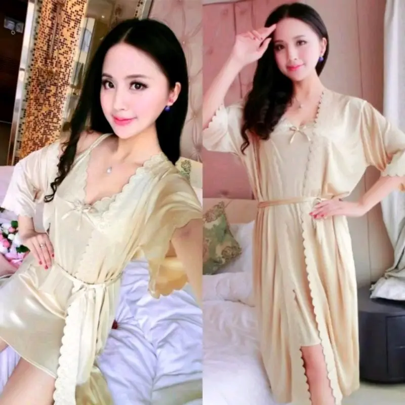 BAJU TIDUR WANITA KIMONO TRICOT SET 2IN1 LUARAN DAN DALEMAN LINGERIE  SATIN IMPORT SIZE L & XXL / JUMBO 0