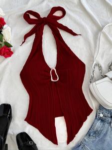 女性のソリッドカラーのタイバックタンク、夏のカジュアルなノースリーブトップ、日常着の女性服