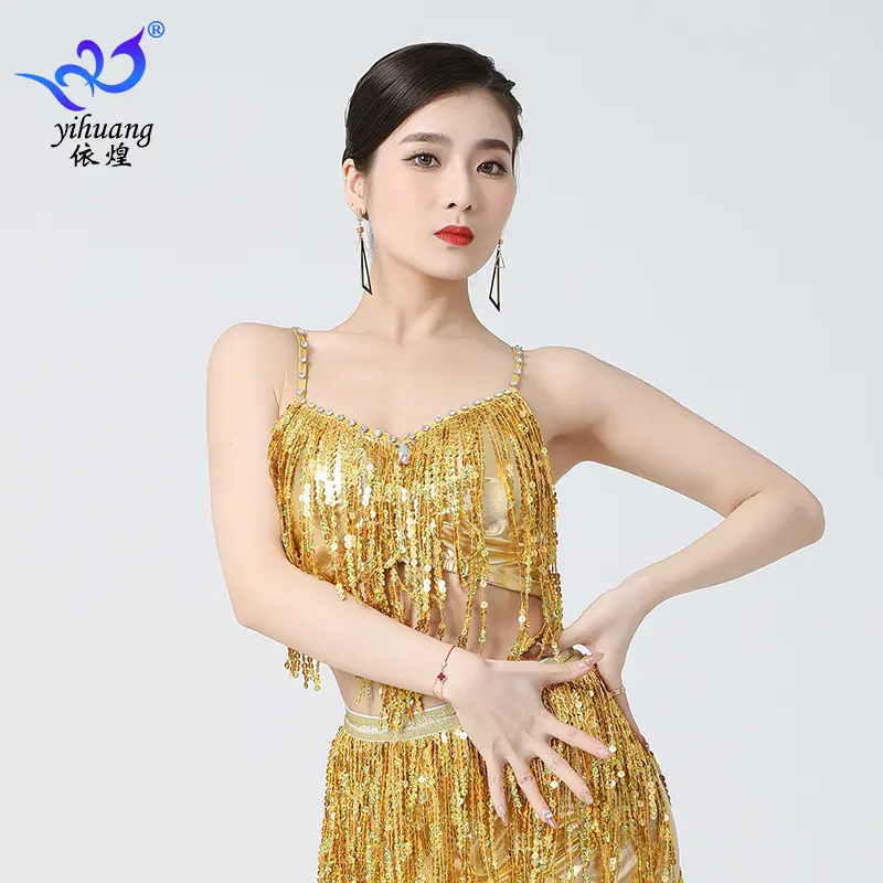 European and American Strap Tassel Dancing Dress Sequined Show Performance Gown Top Belly Dance Sequined Bra Festival Dancing Dress