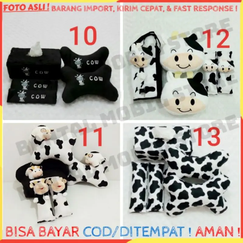 SET CAR BANTAL SANDARAN HEADREST JOK KEPALA LEHER TISU TISSU TISUE TISSUE SAFETY BELT SABUK PENGAMAN KURSI TRAVEL TRAVELING TRAVELLING MOBIL BONEKA KARAKTER Sapi domba kambing Totol Hitam Putih 3 b
