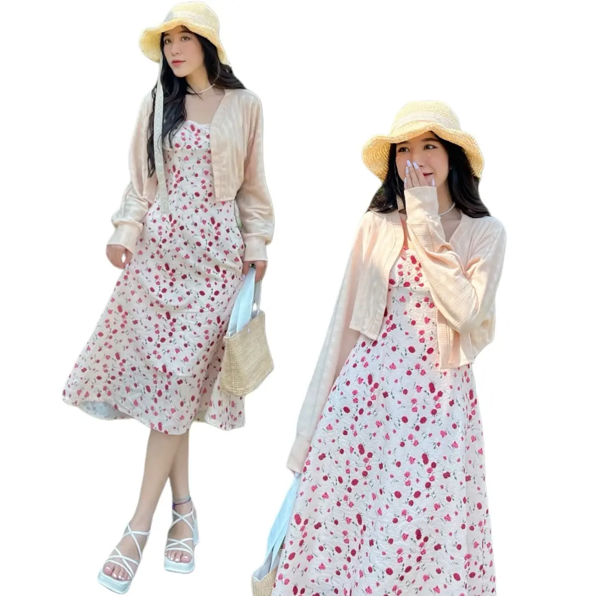 [CÓ BIGSIZE] SET H40 ĐẦM HOA ĐỎ KÈM KHOÁC CROP NUDE NỮ Nữ Kem Dress Women Sen Tre