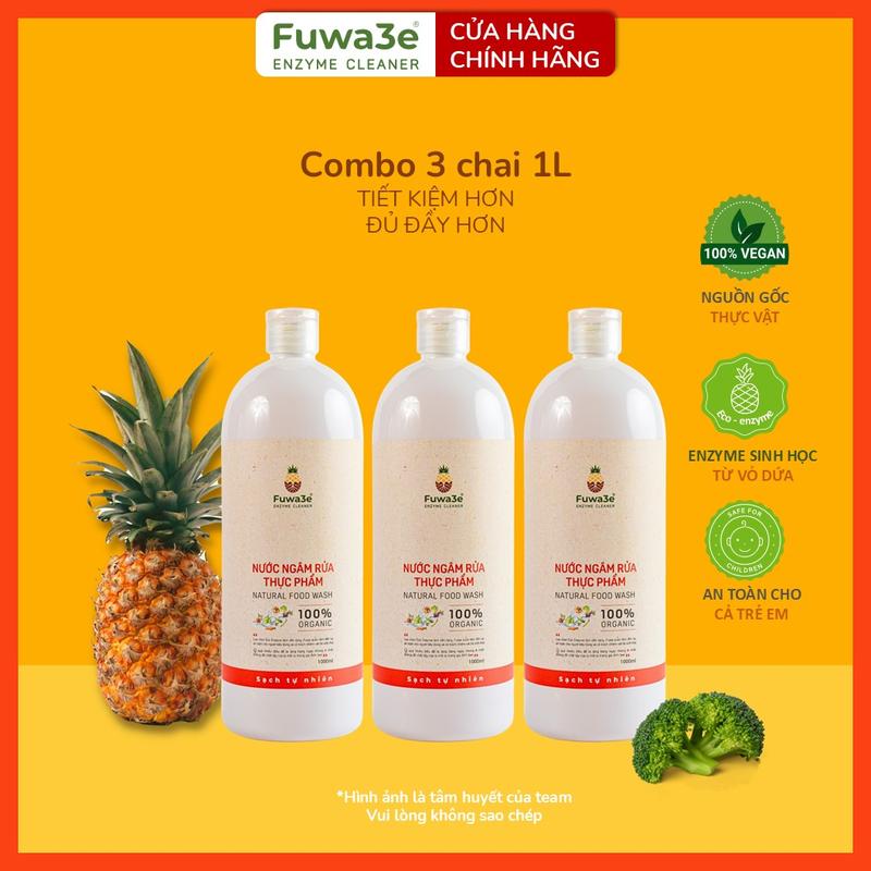 Bộ 3 chai Nước ngâm rửa rau củ quả enzyme sinh học từ vỏ dứa Fuwa3e 1L- làm sạch vi khuẩn, thuốc trừ sâu