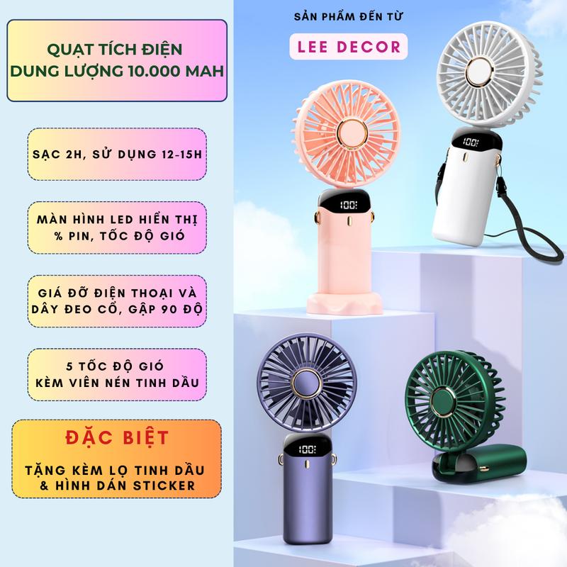 Quạt Tích Điện CHÍNH HÃNG Cao Cấp 10.000mAh , Tặng Kèm Viên Nén & Lọ Tinh Dầu & Sticker, Màn Hình Led Trực Quan, 5 Cấp Độ Gió Sử Dụng 12-15 Tiếng, Giá Đỡ Điện Thoại, Dây Đeo Cổ Du Lịch Hè.