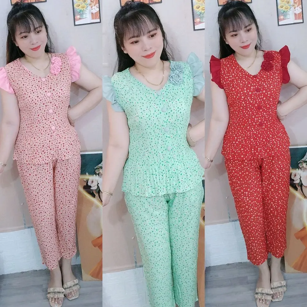 (M14 Quần 8 tấc )Đồ bộ nữ  áo dập ly cánh tiên vải lụa hàn mềm mát , size 40-70kg nhiều màu Top