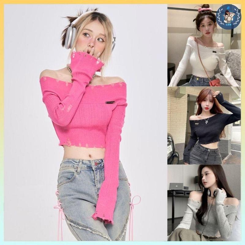 [A373] Áo len nữ Montoghi dệt kim logo LUCKY VIỀN RÁCH BẸT VAI dáng croptop tay dài cá tính - L2M ( Top Women Fashion ) 【 hoa hồng  【 Hỏa tốc  