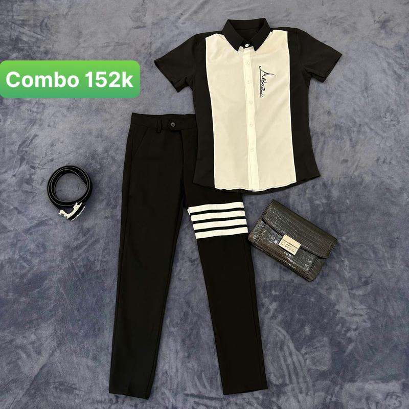Bộ quần Âu 4 xọc trắng và áo sơ mi nam tay ngắn phong cách Hàn Quốc, đủ size từ 25kg đến 80kg - Menswear