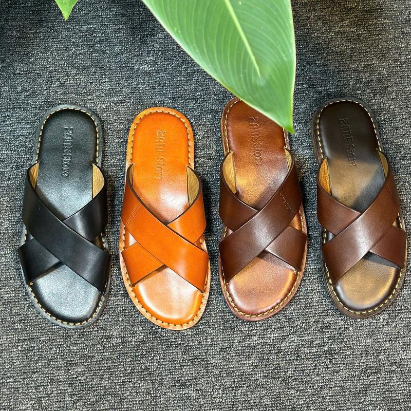 Dép nam da bò quai chéo Mũi tròn đế da dán sẵn vimbram chống trơn khâu mickay