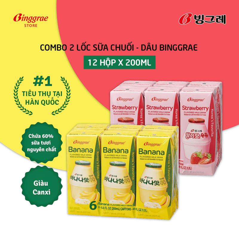  Combo 2 lốc Sữa Chuối – Dâu Hàn Quốc Binggrae  200ml x 12 hộp  