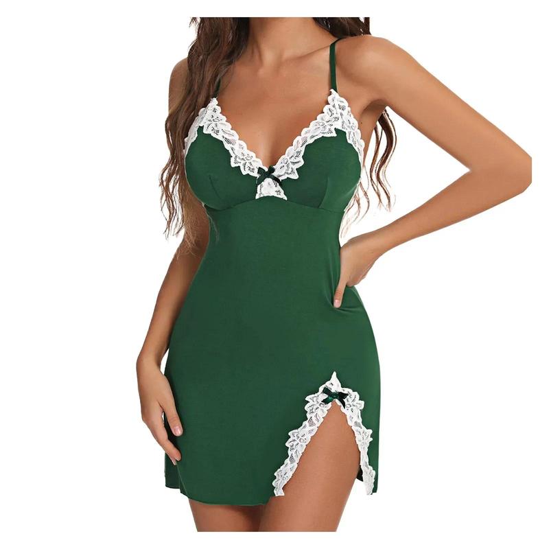 Product Introduction of Lace Silk Gathering Underwear Bow Side Split Slim Fit Hanging Strap Sleeping Dress Set 5