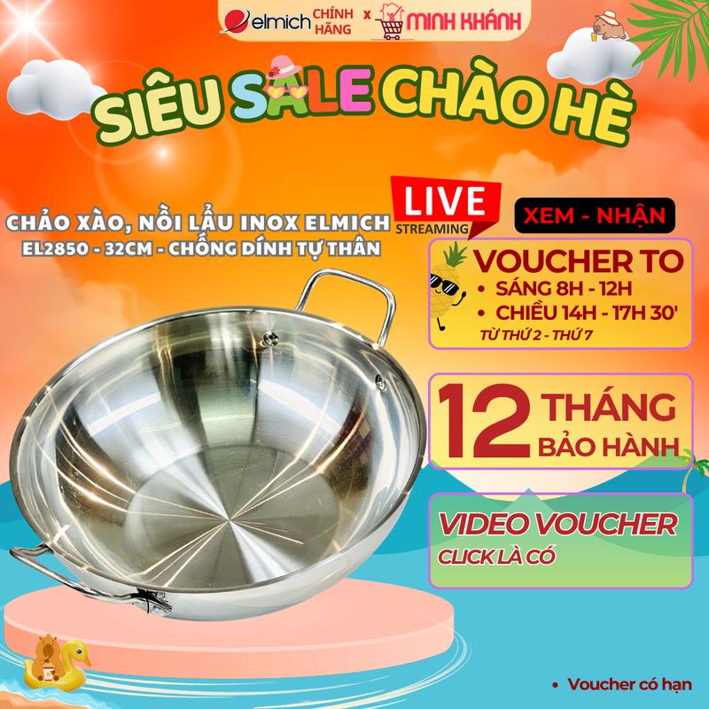 Chảo xào, Nồi lẩu inox đáy từ 32cm Elmich EL2850 - Cao 9cm, xào, nấu, ăn lẩu, Chống dính tự thân