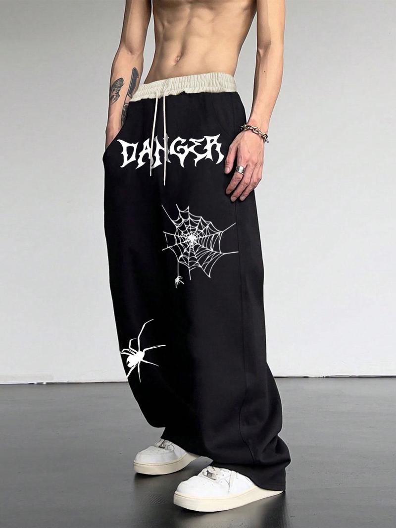 Product Introduction of Men's Patchwork Spider Web Print Drawstring Waist Pants, Casual Street Pocket Straight Leg Trousers for Daily Wear, Fashion Men's Bottoms for All Seasons 15