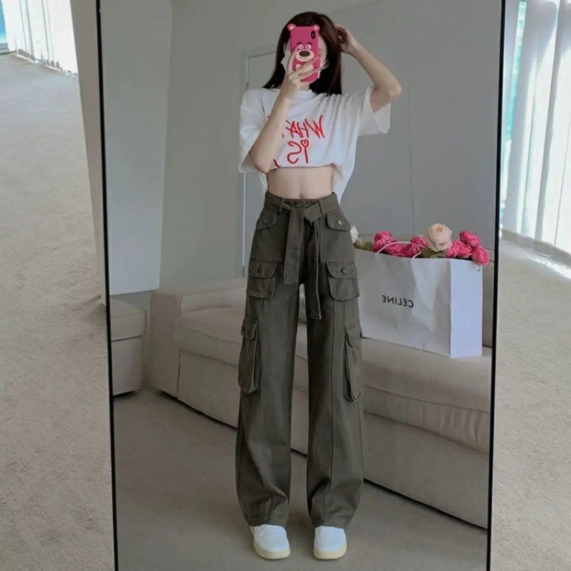 y2k American Overalls (Wholesale Store) American Retro Workwear Casual Pants Women's High Waist Slimming Sense of Design Trousers Loose Wide Leg Pants Lingerie