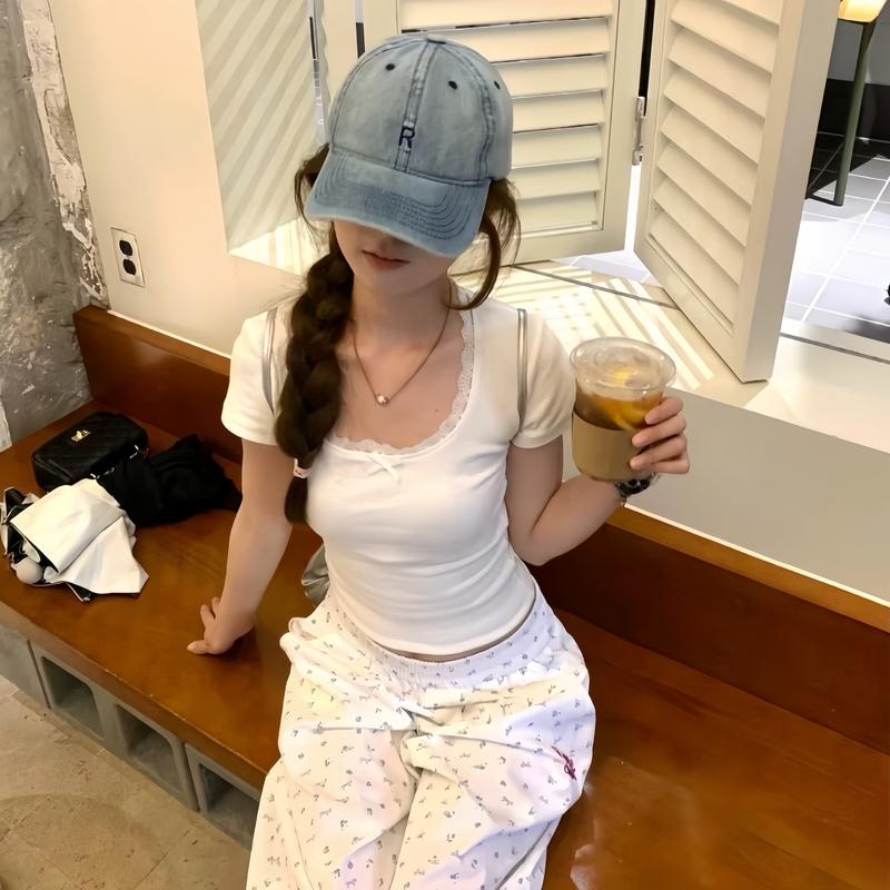 Áo thun cổ tròn viền ren đính nơ xinh xắn Yến Tee Shop dáng ôm body dành cho nữ 1097 áo  ống  nữ  ôm  body 1