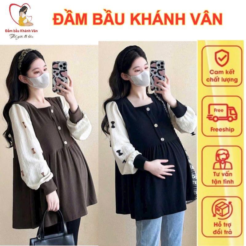 Áo bầu áo sơ mi cho bà bầu - Áo bầu dáng babydoll che bụng thon gọn phong cách Hàn Quốc -Mẹ Bầu Váy Bầu áo nỉ đuôi vịt xám xanh túi áo bầu